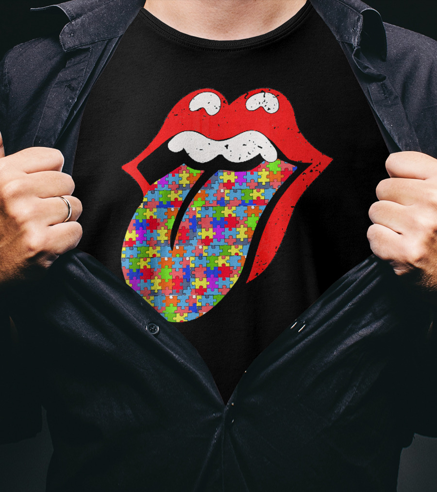 Red Lips Tongue Icon With Colorful Autism Awareness Puzzle Piece T-Shirt