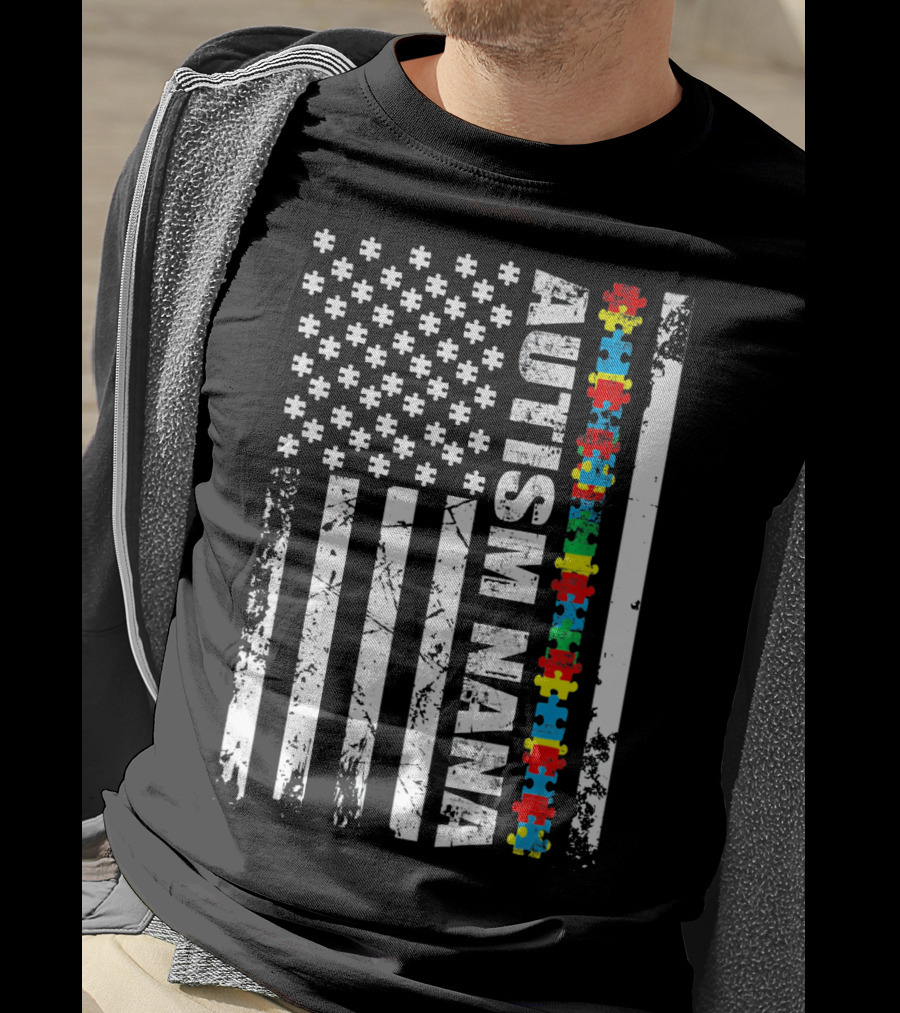Autism Nana American Flag Puzzle Pieces Autism Awareness T-Shirt