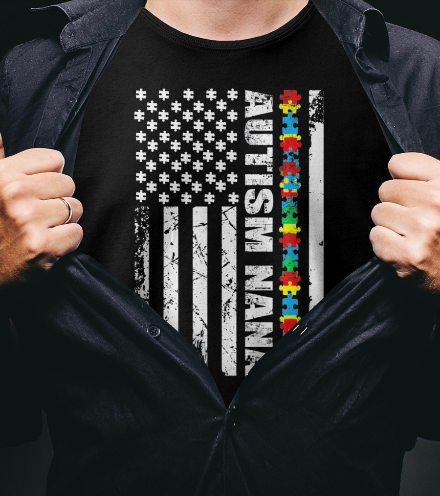 Autism Nana American Flag Puzzle Pieces Autism Awareness T-Shirt