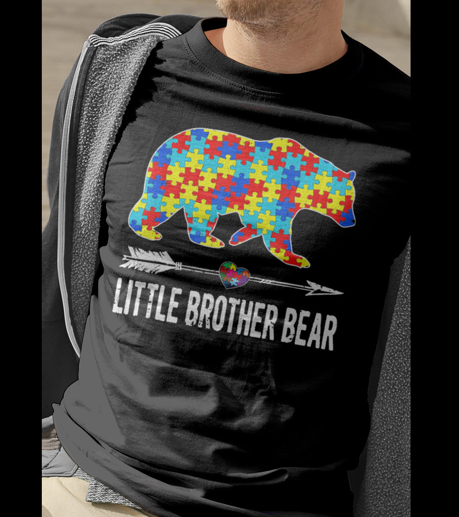 Proud Little Brother Bear Autism Awareness Puzzle T-Shirt