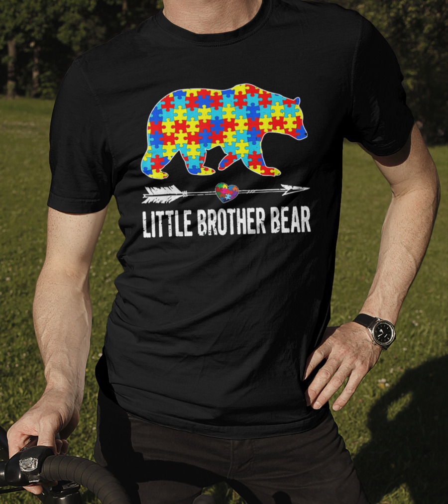 Proud Little Brother Bear Autism Awareness Puzzle T-Shirt