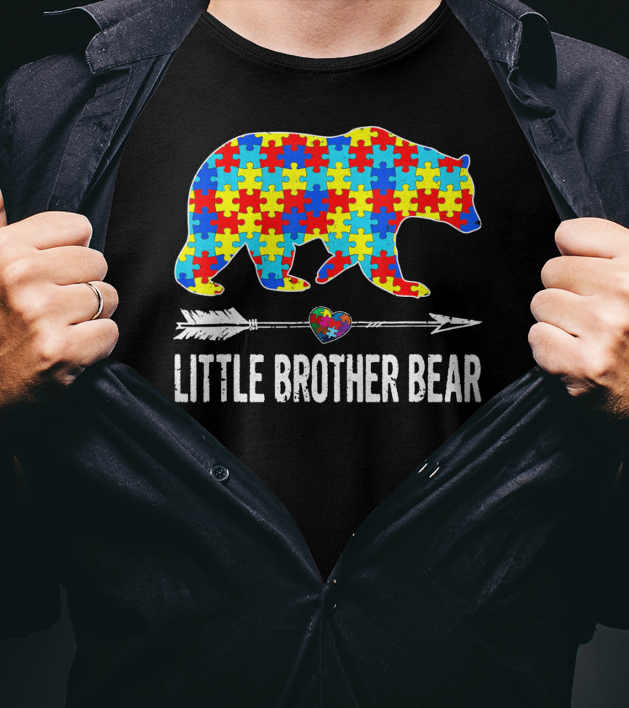 Proud Little Brother Bear Autism Awareness Puzzle T-Shirt