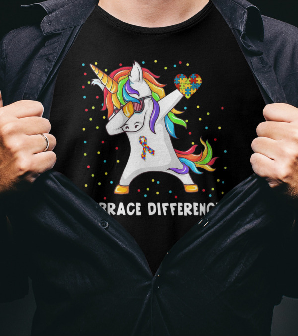 Embrace Differences Rainbow Dabbing Unicorn Puzzle Heart Autism Awareness T-Shirt
