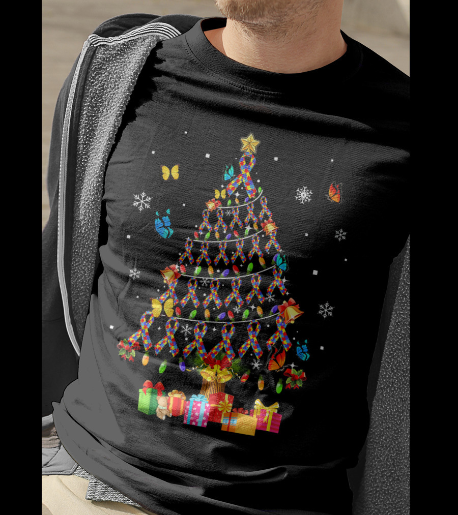 Autism Awareness Christmas Tree With Ribbons Butterflies And Snowflakes T-Shirt