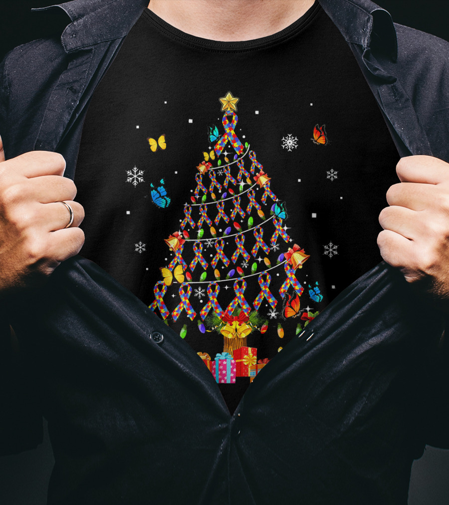 Autism Awareness Christmas Tree With Ribbons Butterflies And Snowflakes T-Shirt