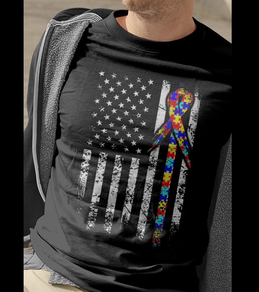 BACK PRINT Autism Awareness USA Flag Puzzle T-Shirt