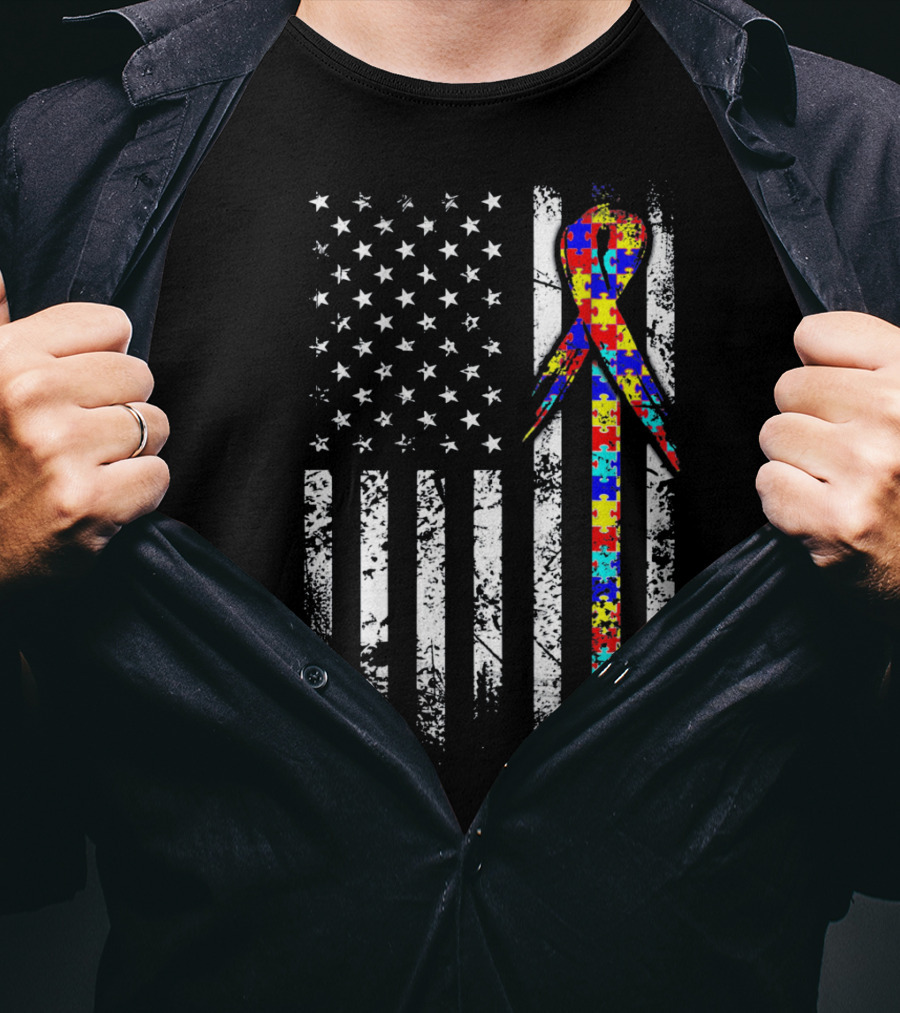 BACK PRINT Autism Awareness USA Flag Puzzle T-Shirt