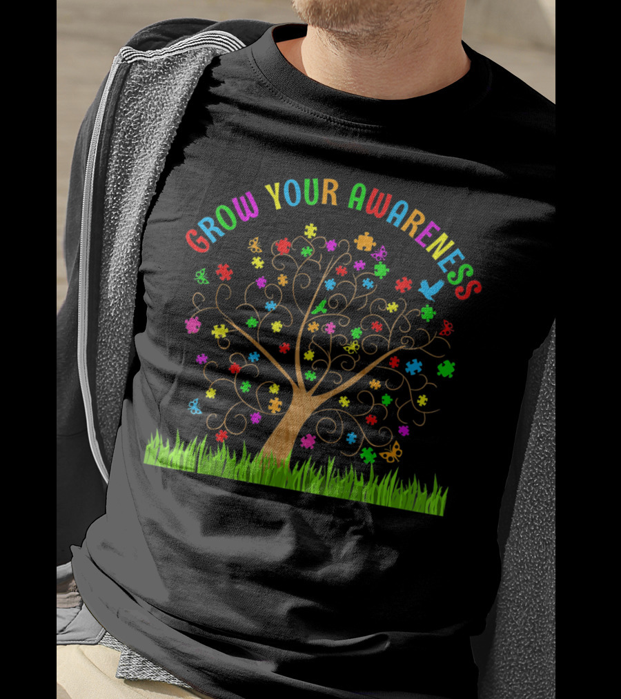 Grow Your Awareness Autism Puzzle Tree Rainbow Colors T-Shirt