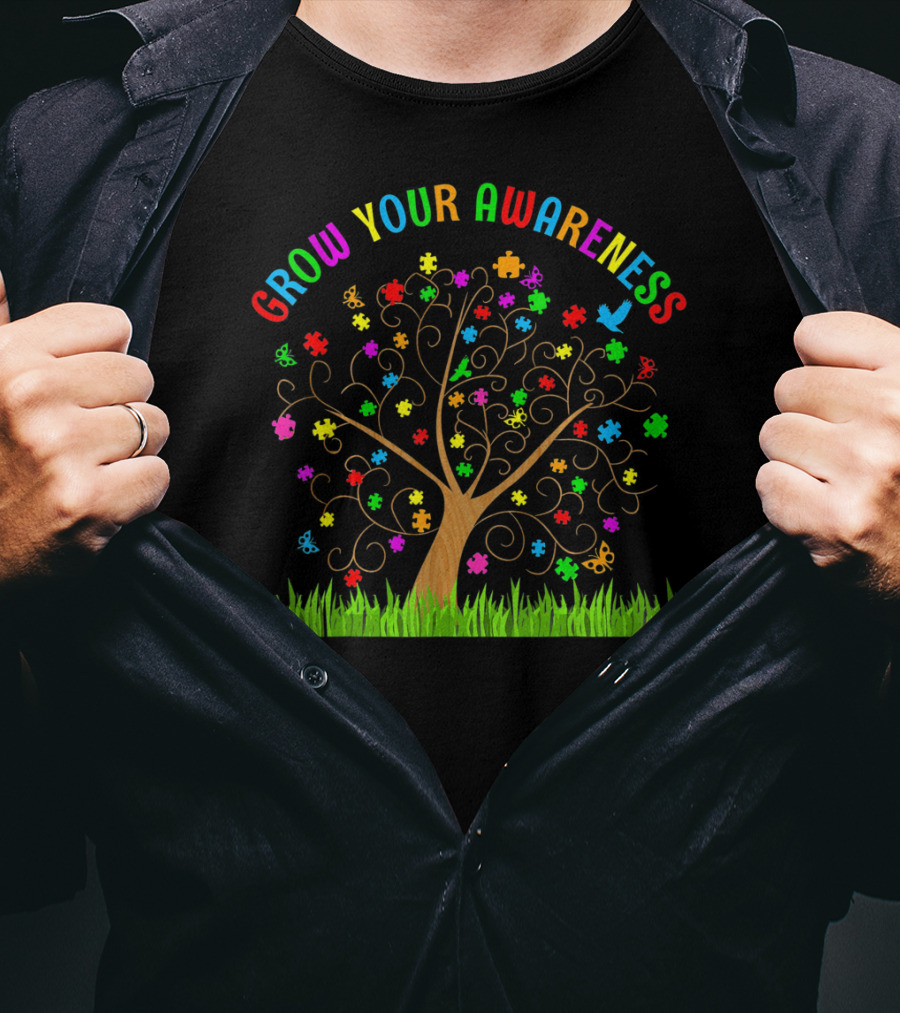 Grow Your Awareness Autism Puzzle Tree Rainbow Colors T-Shirt