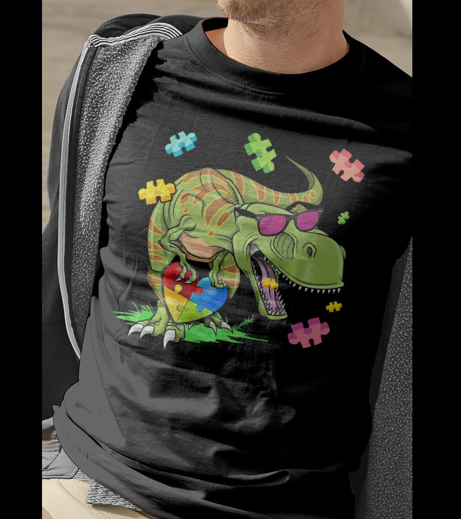 T Rex Dinosaur Autism Awareness Puzzle Heart Sunglasses T-Shirt