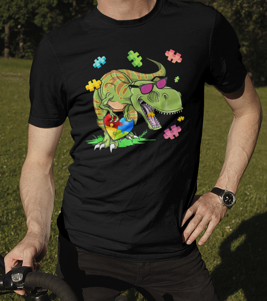 T Rex Dinosaur Autism Awareness Puzzle Heart Sunglasses T-Shirt