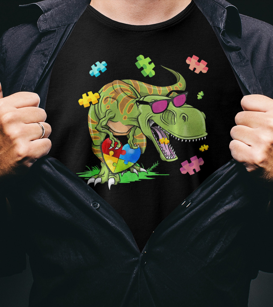 T Rex Dinosaur Autism Awareness Puzzle Heart Sunglasses T-Shirt