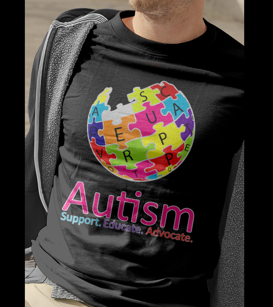 Autism Support Educate Advocate Puzzle Globe T-Shirt