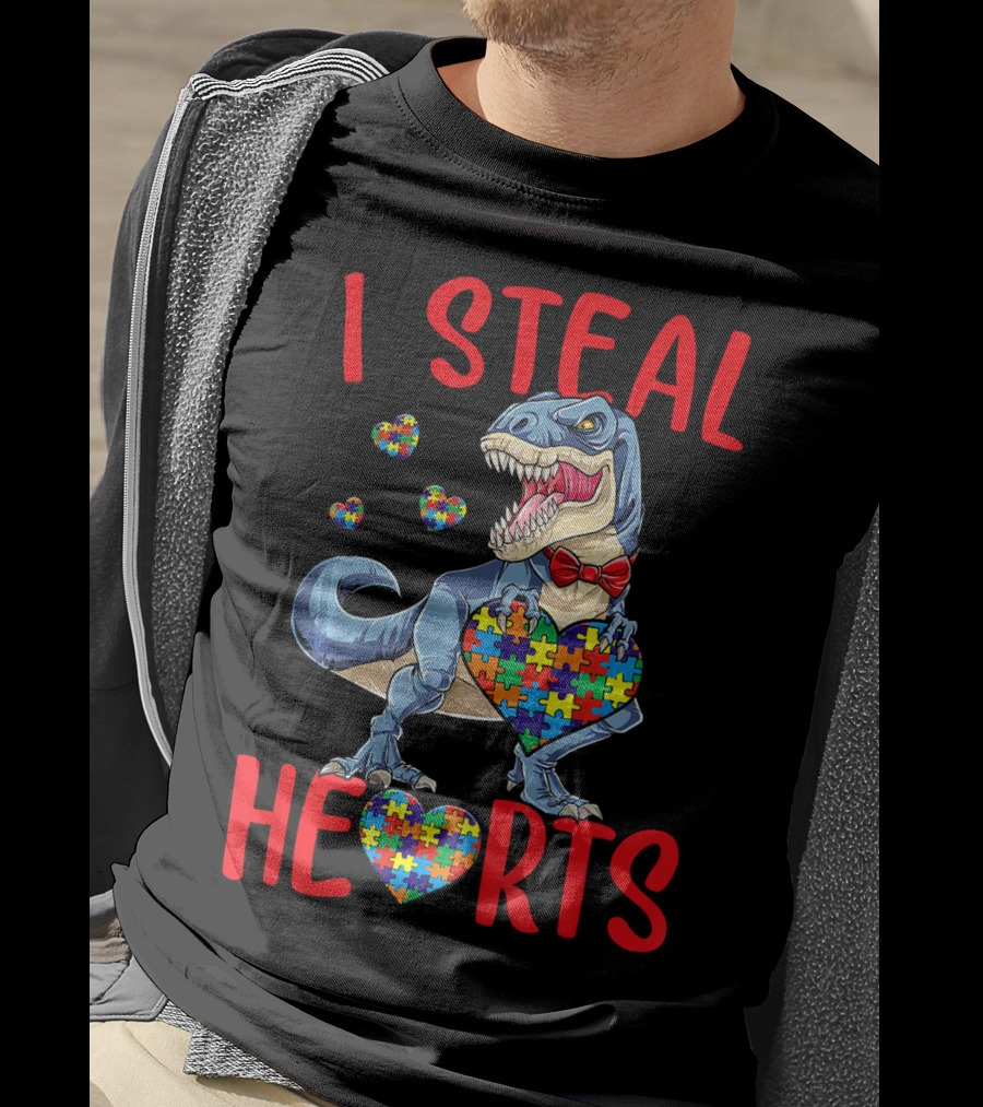 I Steal Hearts Dinosaur With Puzzle Piece Hearts Autism Awareness T-Shirt