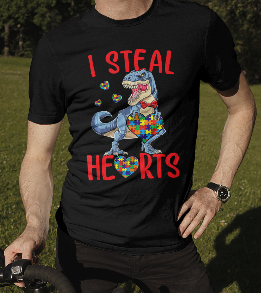 I Steal Hearts Dinosaur With Puzzle Piece Hearts Autism Awareness T-Shirt