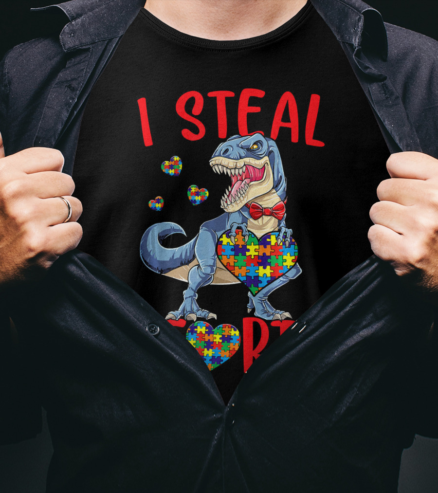I Steal Hearts Dinosaur With Puzzle Piece Hearts Autism Awareness T-Shirt