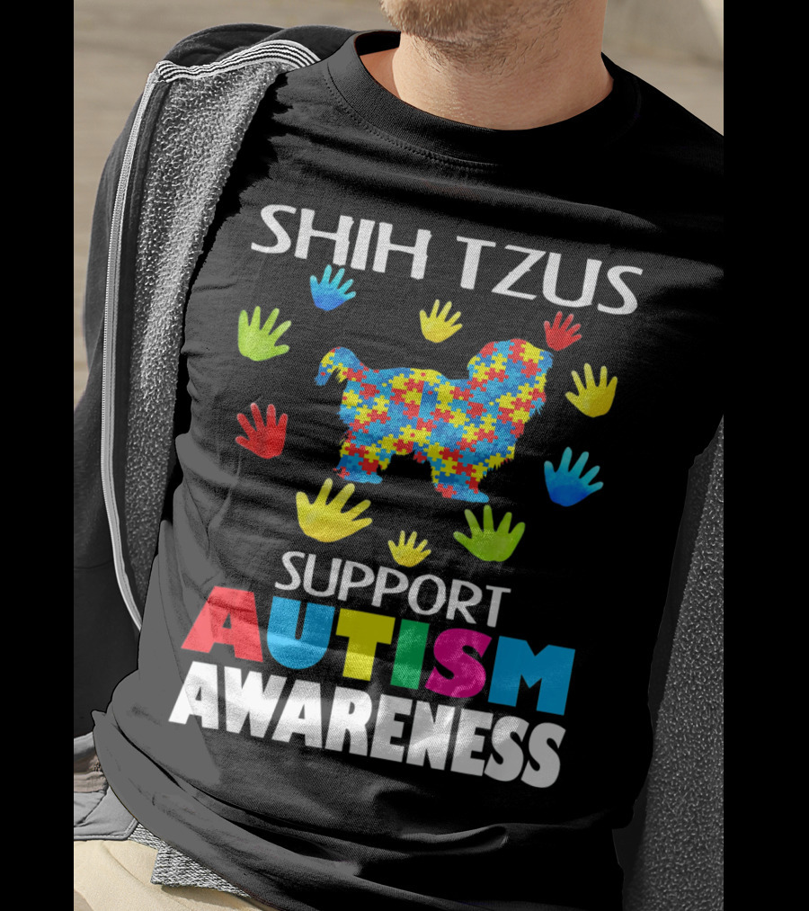 Shih Tzus Support Autism Awareness Puzzle Pattern And Colorful Handprints T-Shirt