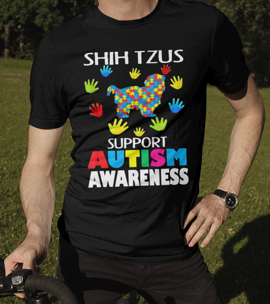 Shih Tzus Support Autism Awareness Puzzle Pattern And Colorful Handprints T-Shirt