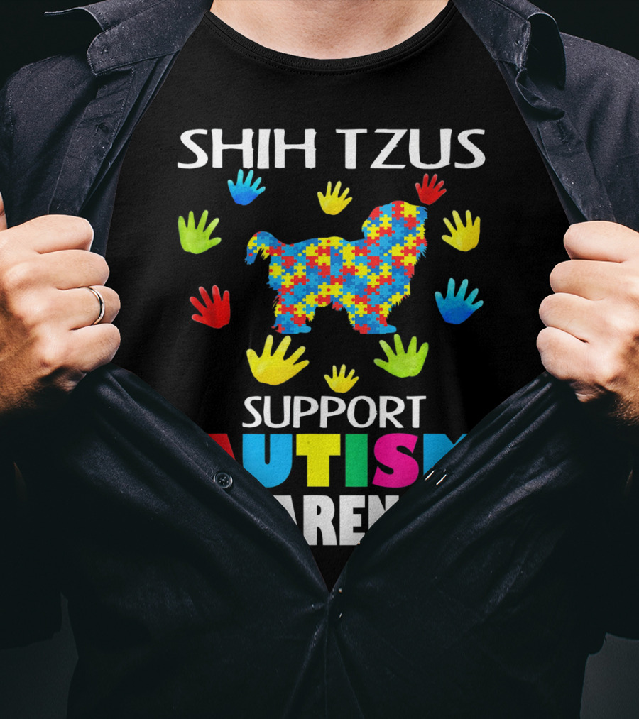 Shih Tzus Support Autism Awareness Puzzle Pattern And Colorful Handprints T-Shirt