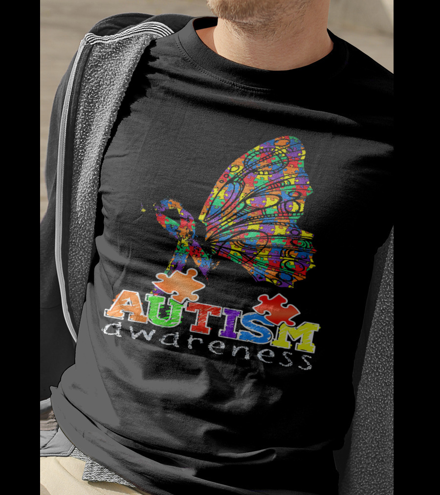 Autism Awareness Butterfly Ribbon Puzzle Autism Awareness T-Shirt