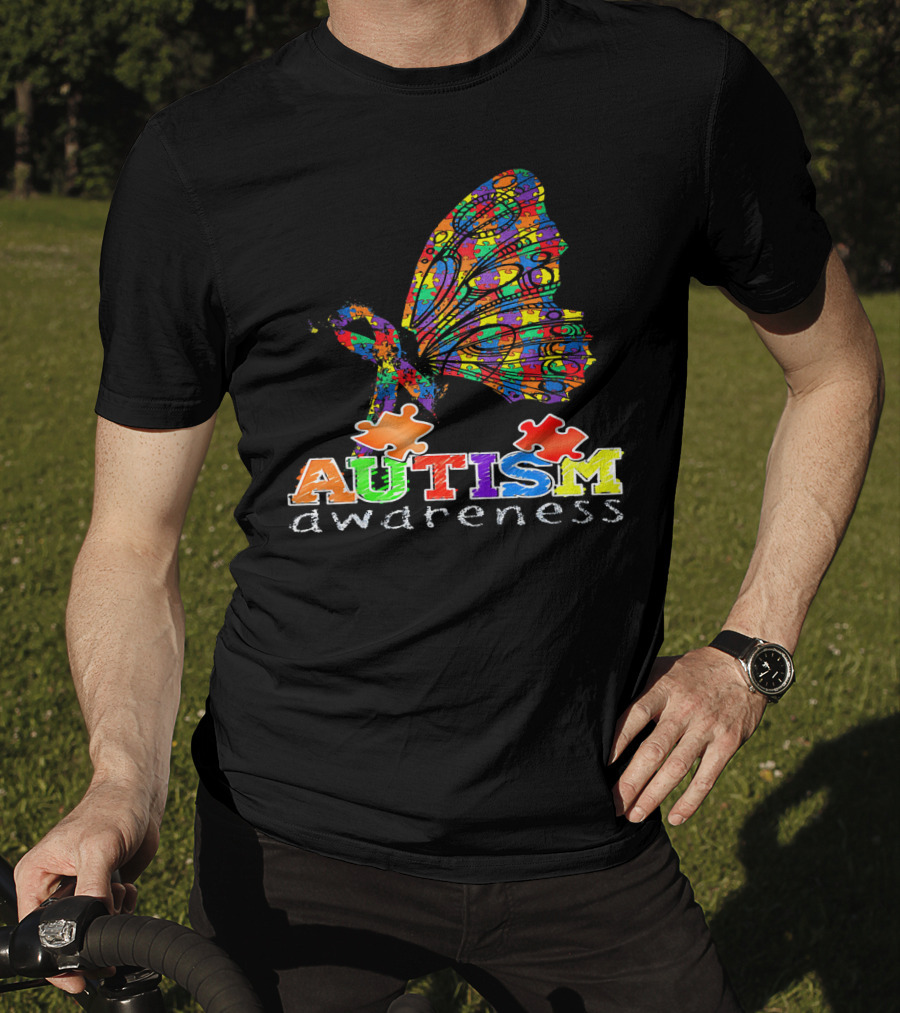 Autism Awareness Butterfly Ribbon Puzzle Autism Awareness T-Shirt