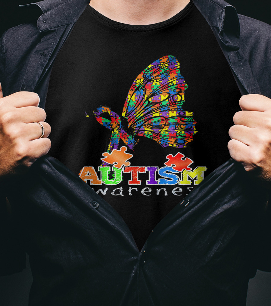 Autism Awareness Butterfly Ribbon Puzzle Autism Awareness T-Shirt