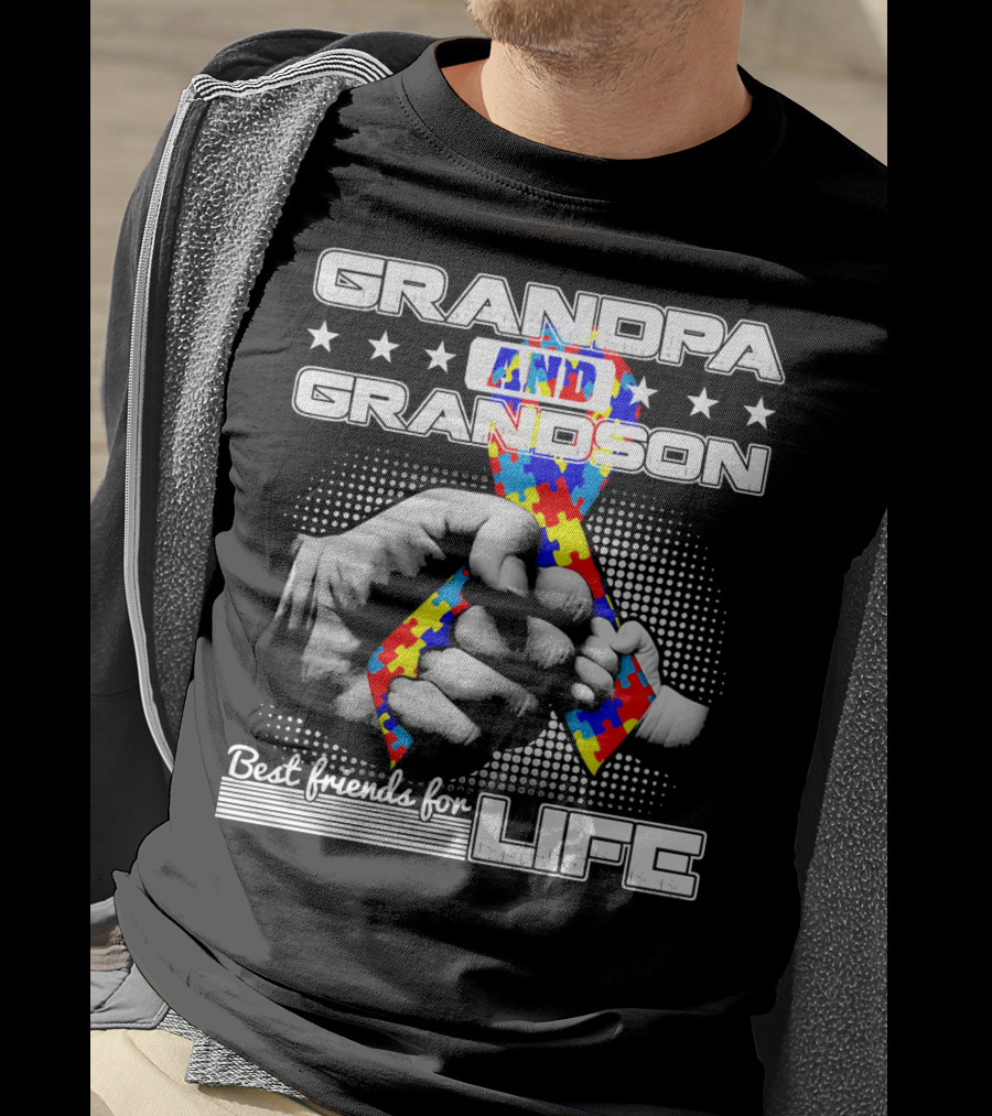Grandpa And Grandson Best Friends For Life With Autism Puzzle T-Shirt
