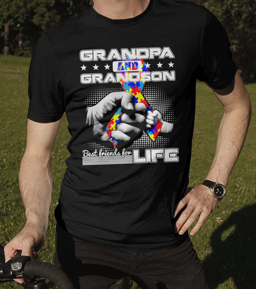 Grandpa And Grandson Best Friends For Life With Autism Puzzle T-Shirt