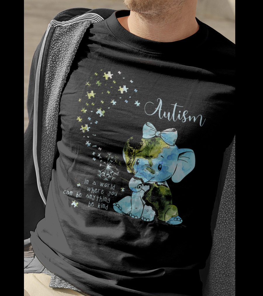Autism Awareness Be Kind Elephant Dandelion Puzzle Pieces T-Shirt