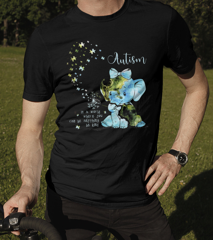 Autism Awareness Be Kind Elephant Dandelion Puzzle Pieces T-Shirt