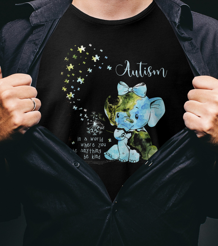 Autism Awareness Be Kind Elephant Dandelion Puzzle Pieces T-Shirt