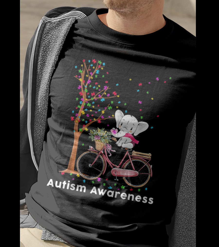 Autism Awareness Elephant Riding Bicycle With Puzzle Pieces And Tree T-Shirt
