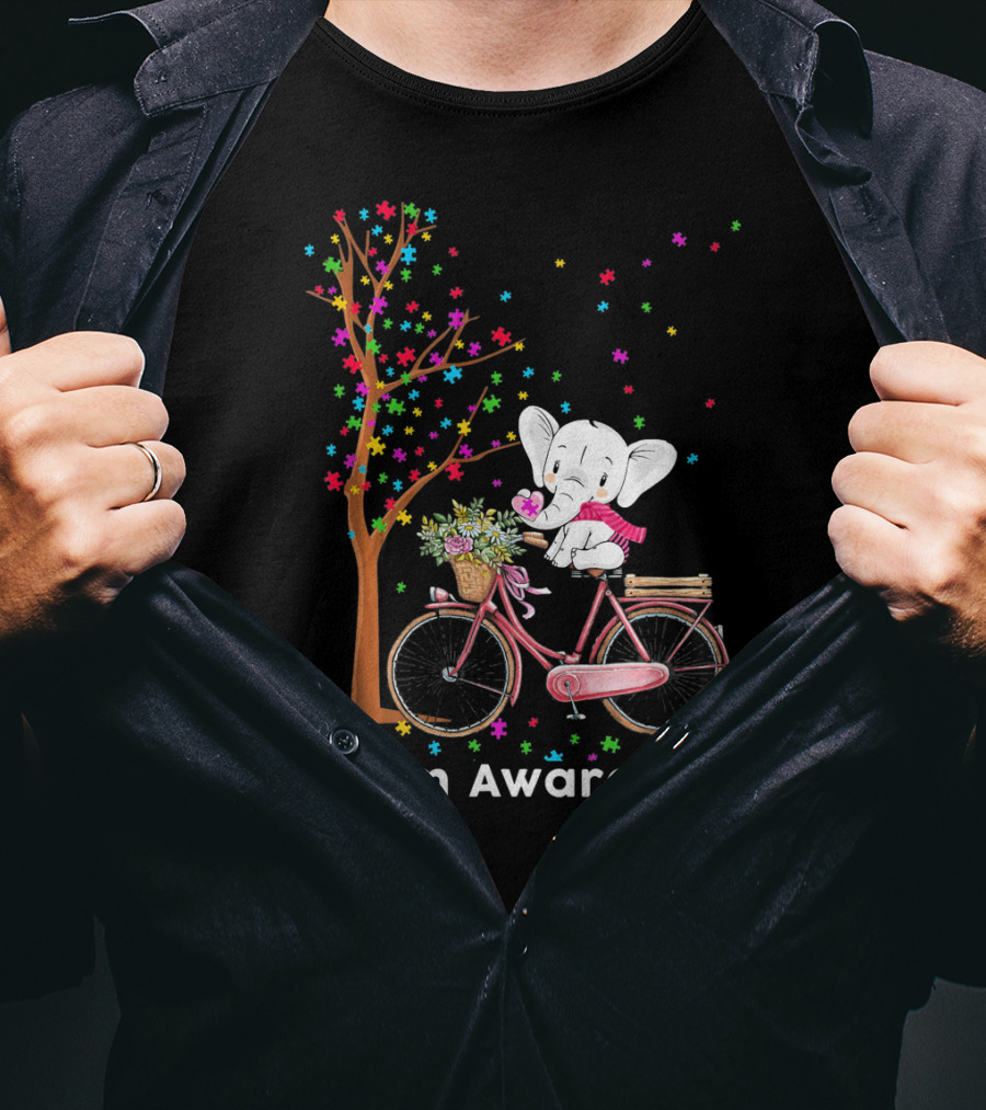 Autism Awareness Elephant Riding Bicycle With Puzzle Pieces And Tree T-Shirt