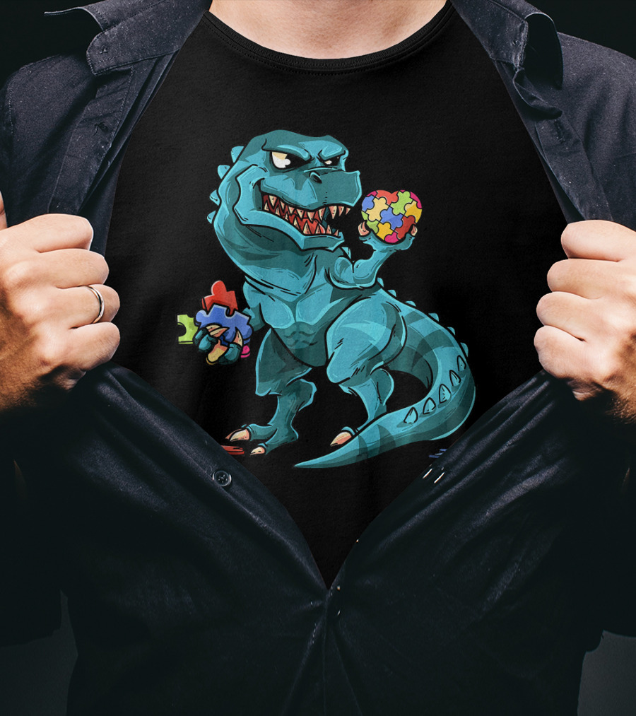 Autism Awareness Dinosaur Puzzle Rex Heart T-Shirt