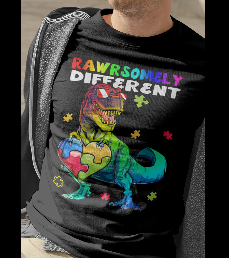 Rawrsomely Different Autism Awareness Dinosaur Puzzle Heart T-Shirt