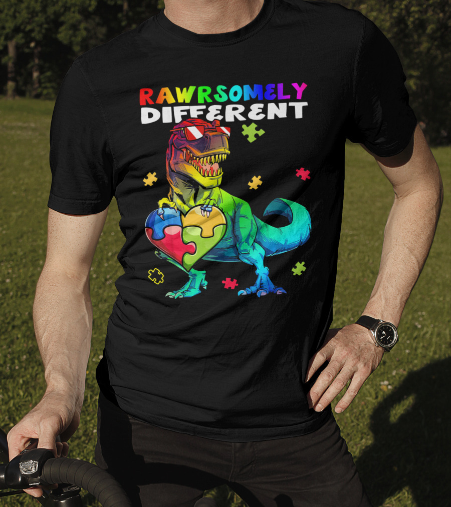 Rawrsomely Different Autism Awareness Dinosaur Puzzle Heart T-Shirt
