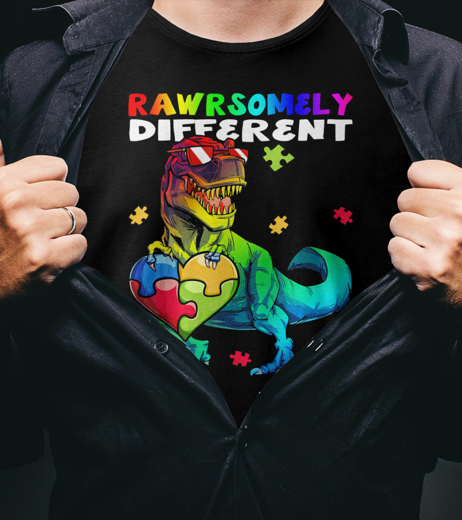 Rawrsomely Different Autism Awareness Dinosaur Puzzle Heart T-Shirt