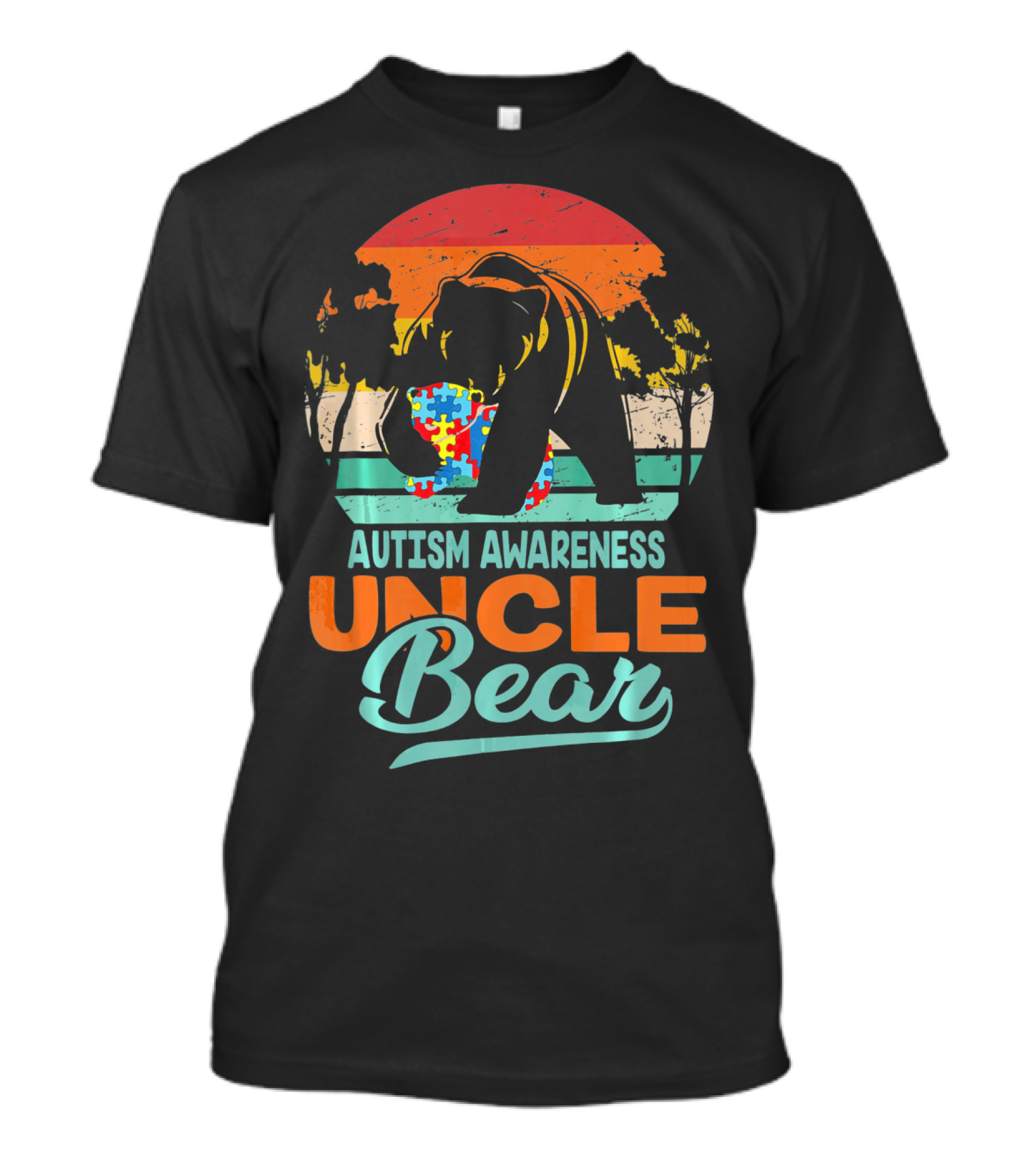 Autism Awareness Uncle Bear Puzzle Sunset T-Shirt