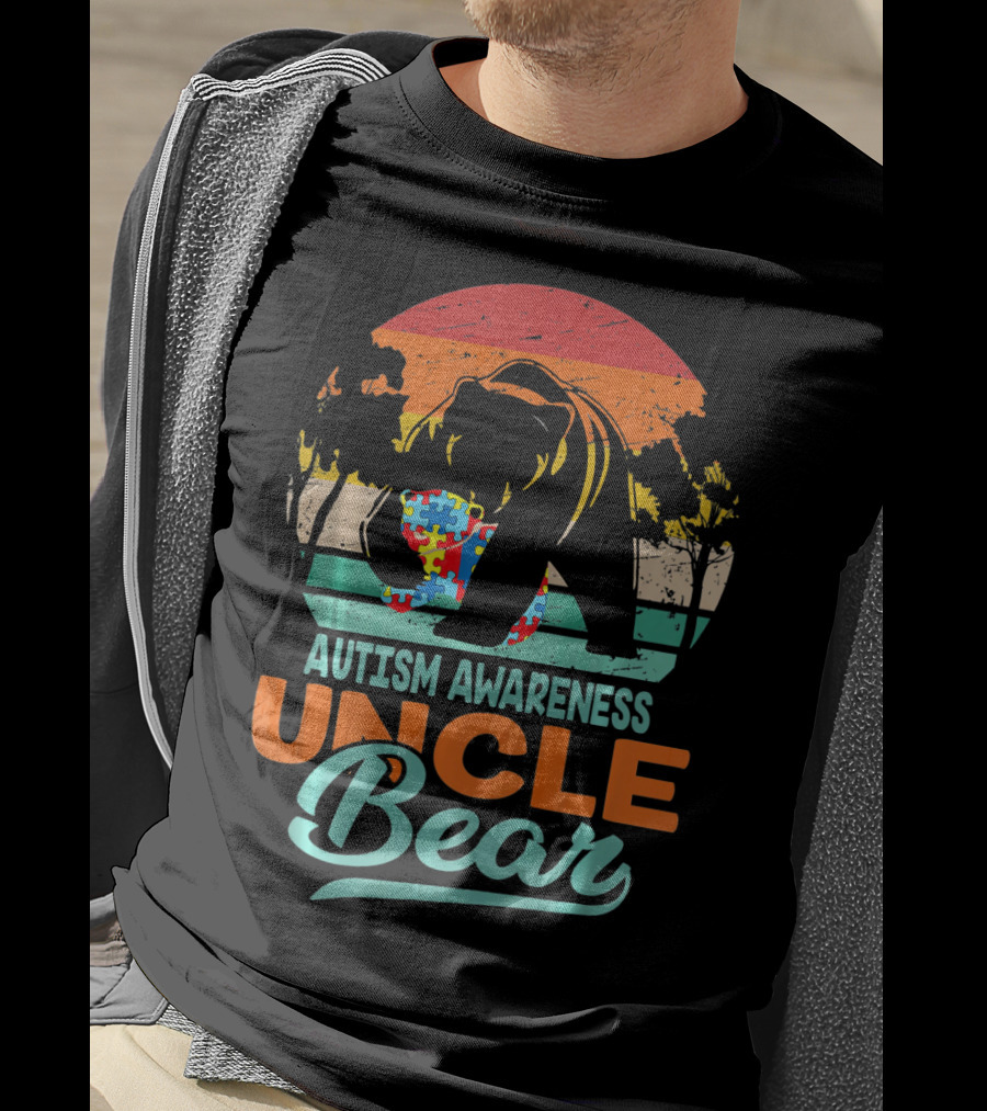 Autism Awareness Uncle Bear Puzzle Sunset T-Shirt