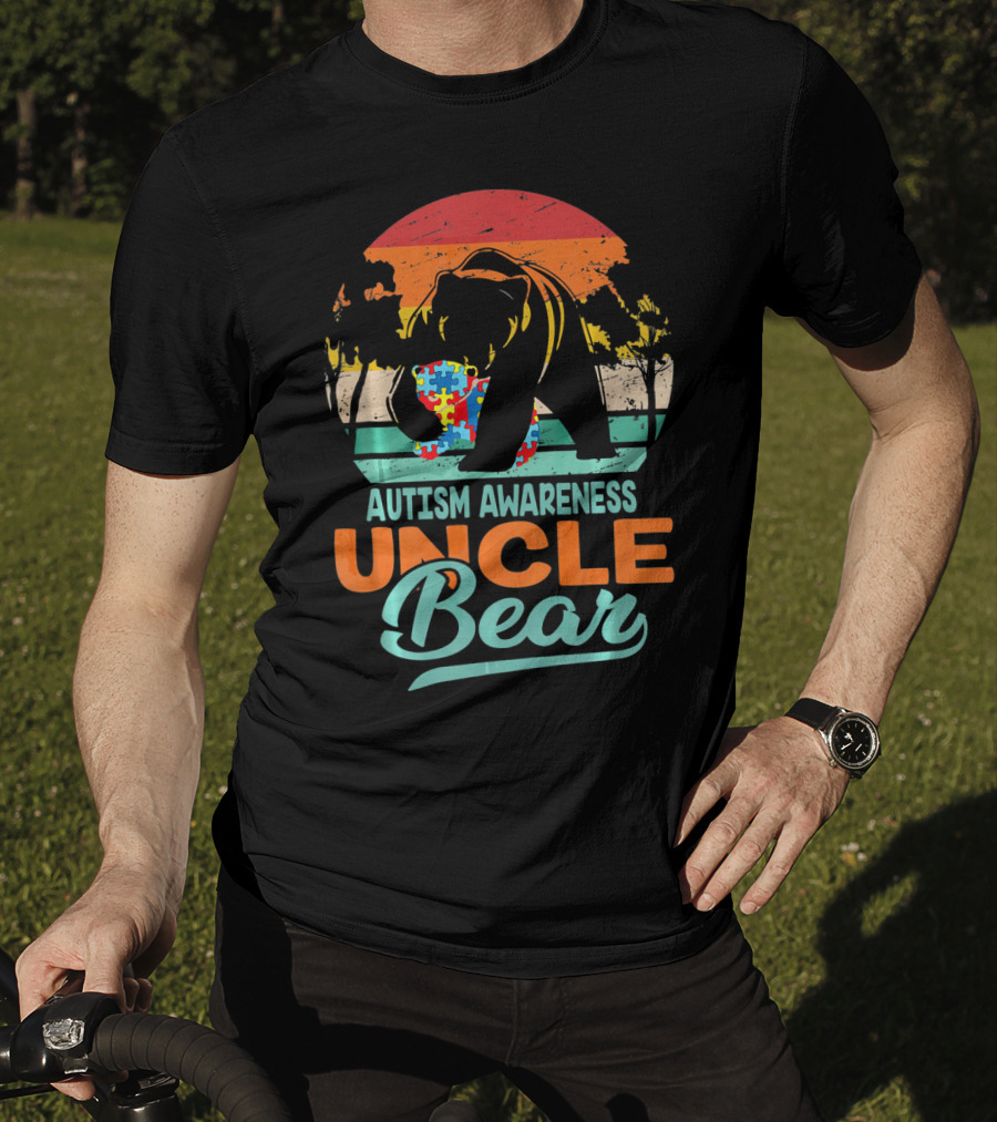 Autism Awareness Uncle Bear Puzzle Sunset T-Shirt