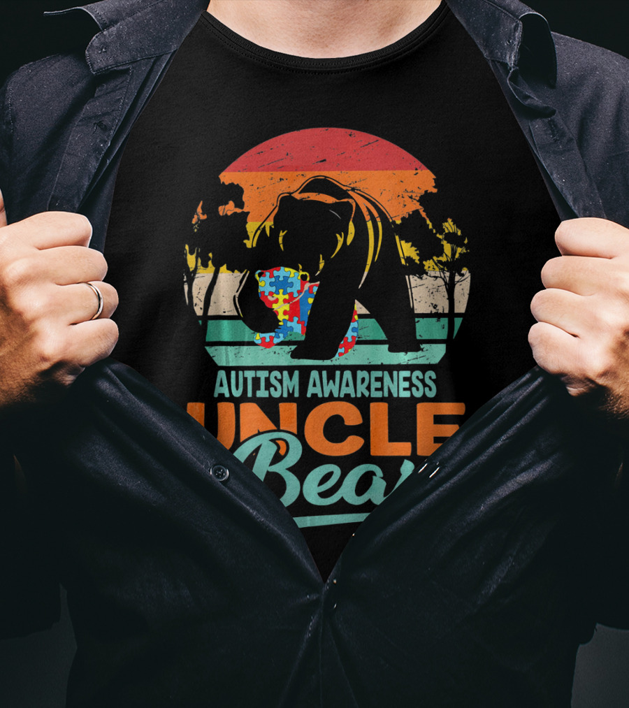 Autism Awareness Uncle Bear Puzzle Sunset T-Shirt