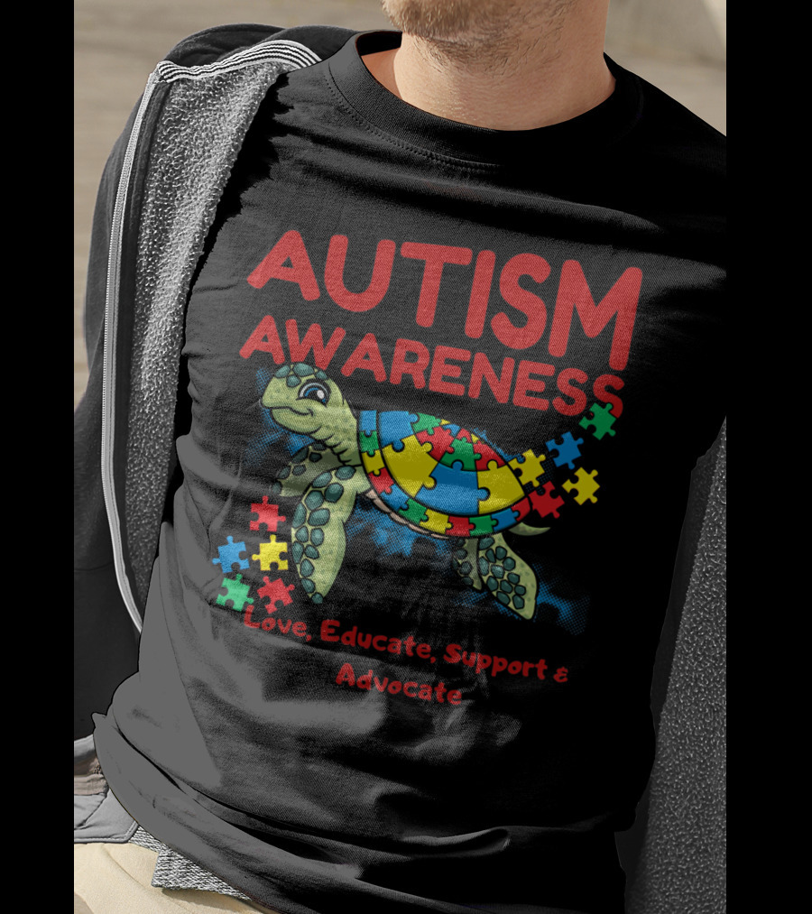 Autism Awareness Love Educate Support Advocate Puzzle Turtle T-Shirt