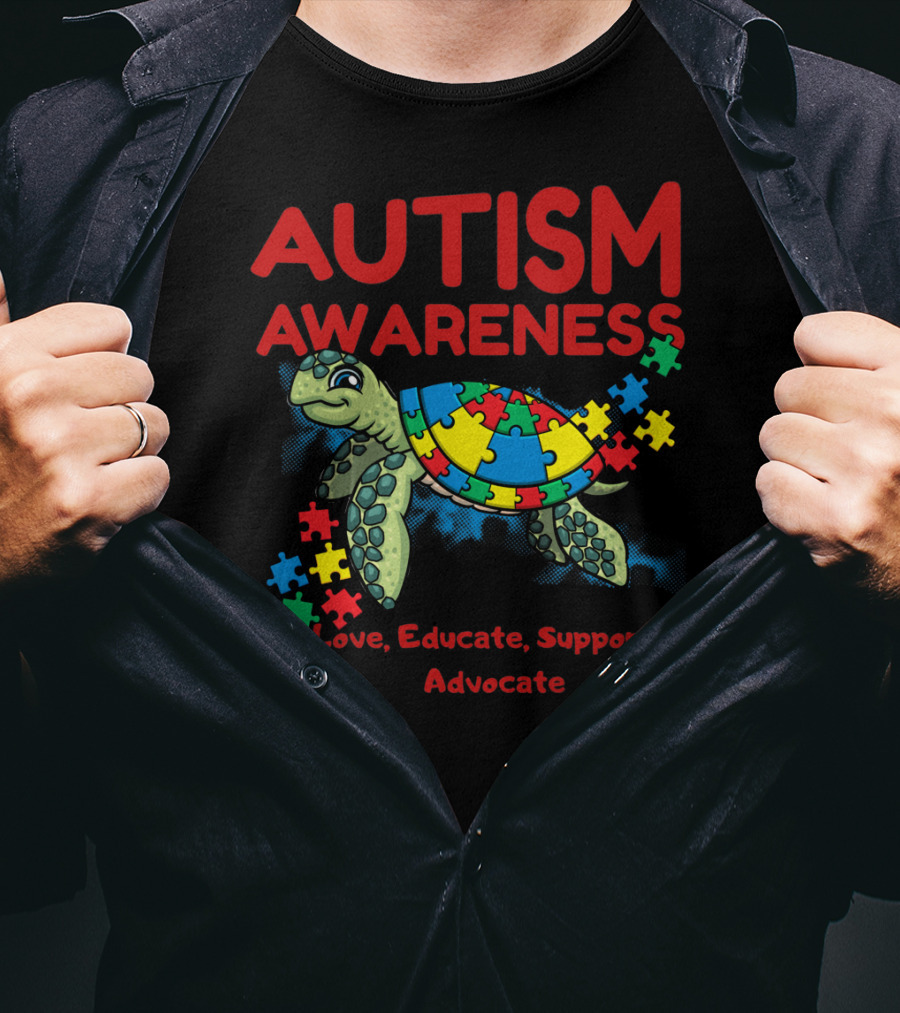 Autism Awareness Love Educate Support Advocate Puzzle Turtle T-Shirt