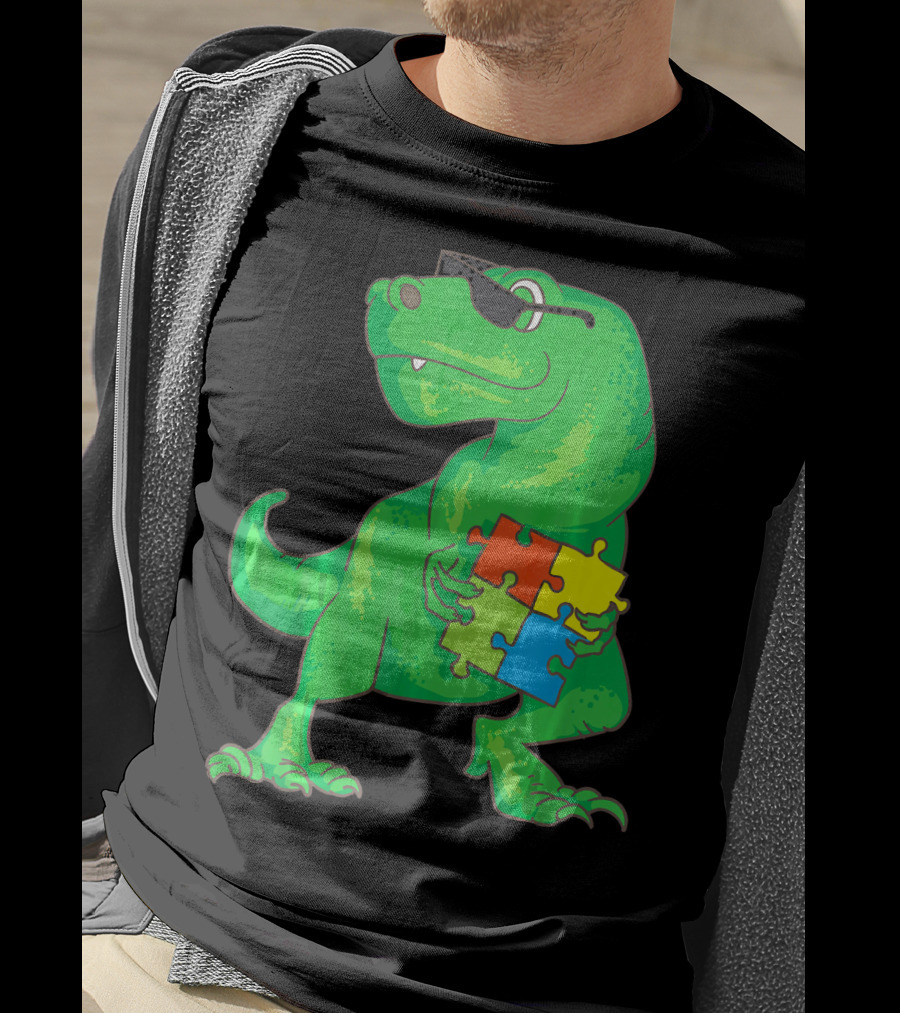 Autism Awareness Month Dinosaur Holding Puzzle Pieces T-Shirt