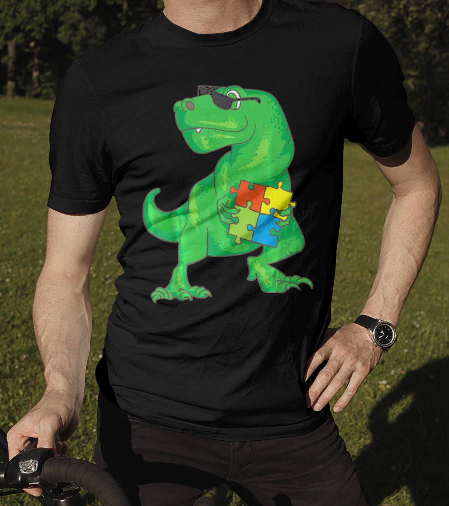 Autism Awareness Month Dinosaur Holding Puzzle Pieces T-Shirt