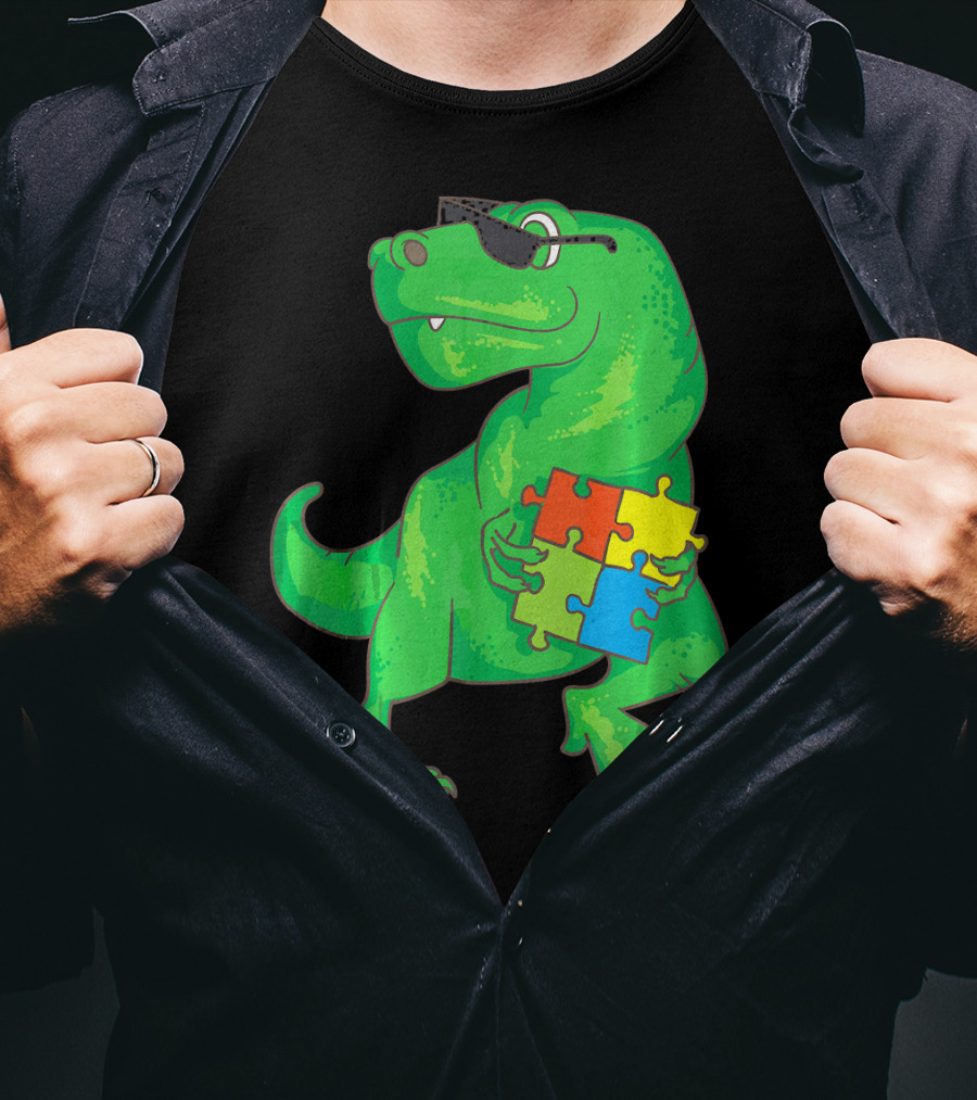 Autism Awareness Month Dinosaur Holding Puzzle Pieces T-Shirt