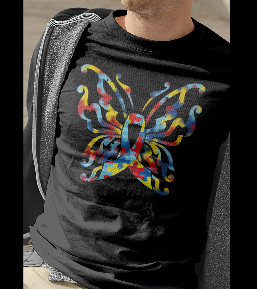 Autism Awareness Butterfly Puzzle Ribbon Multi-Color T-Shirt