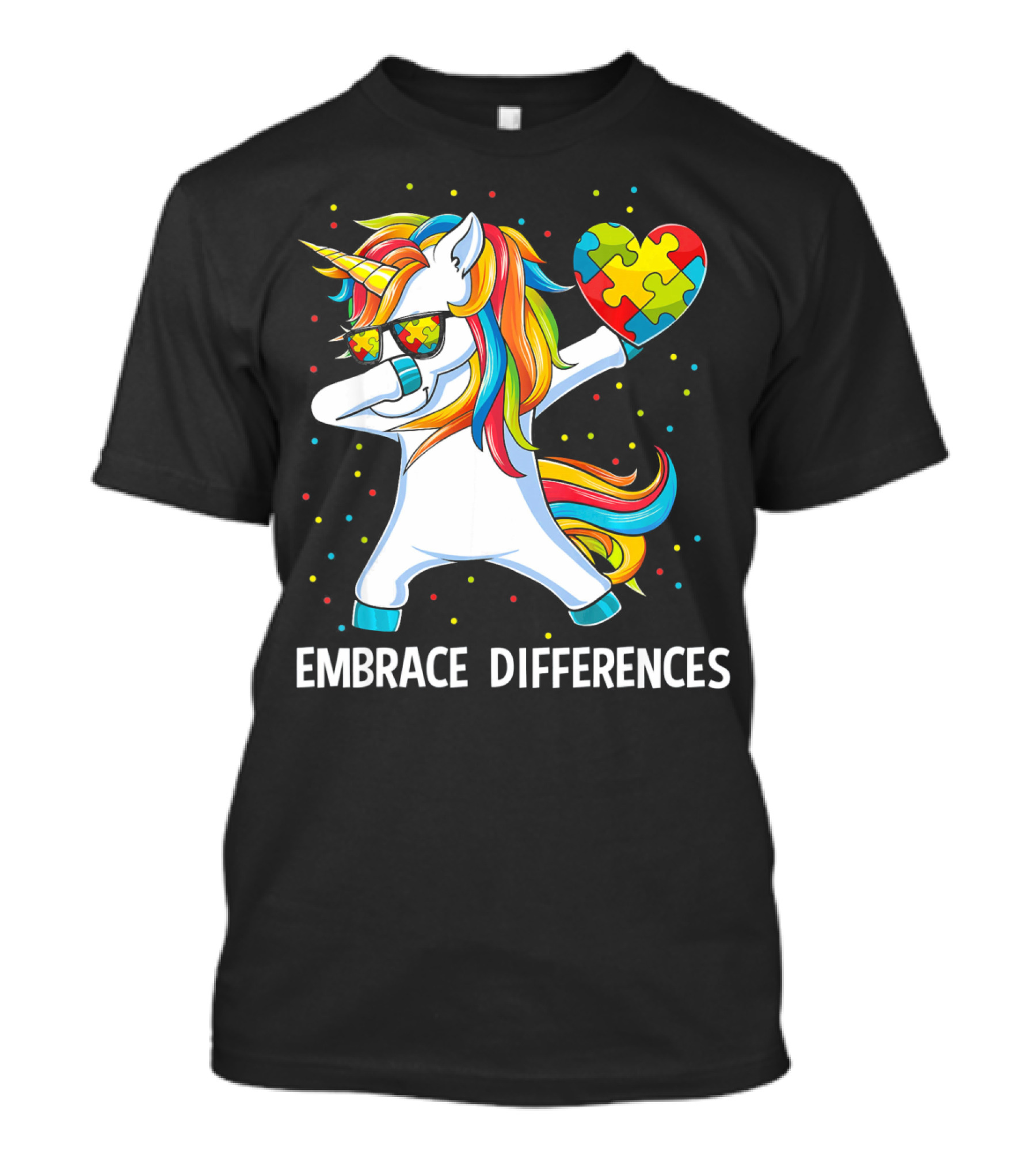 Embrace Differences Autism Awareness Unicorn Dab Puzzle Heart T-Shirt