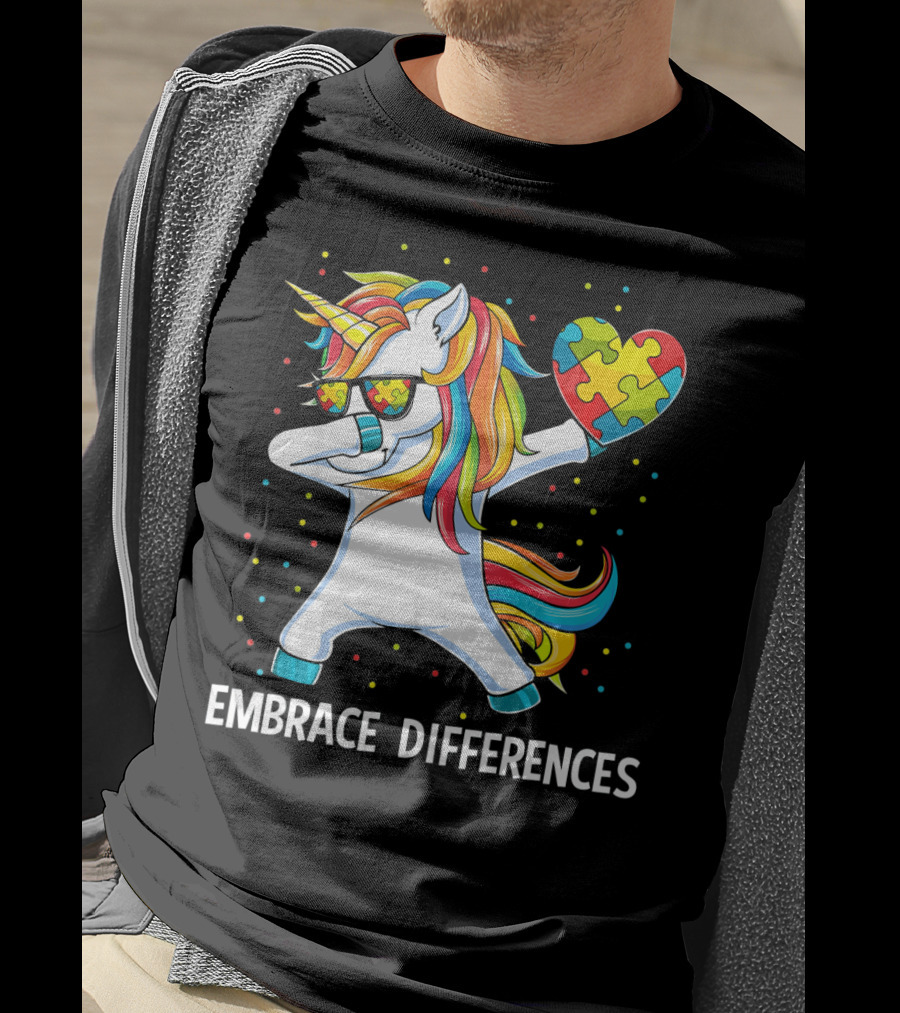 Embrace Differences Autism Awareness Unicorn Dab Puzzle Heart T-Shirt