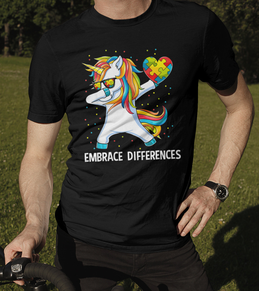 Embrace Differences Autism Awareness Unicorn Dab Puzzle Heart T-Shirt